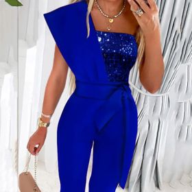 New Solid Color Sleeveless Belt Decorative Slim-fitting Patchwork Sequin Women's Trousers (Option: L-Blue)